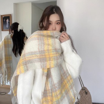檸檬黃拼色流蘇格紋圍巾冬季女加厚保暖護頸百搭韓版新款圍脖披肩