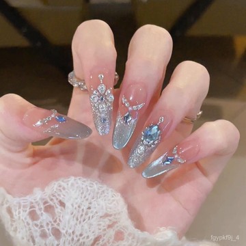 💕高定穿戴甲💕【賽里木湖】貓眼美甲貼片 長橢圓美甲甲片 中長橢圓指甲片 法式穿戴甲 帶鑽穿戴甲 藍色穿戴甲 細狗長尖