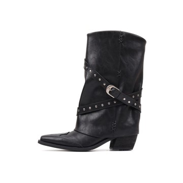 Asthershop原創黑色尖頭復古短靴 鉚釘皮帶扣中筒拼接時裝靴