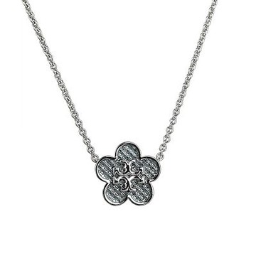 TORY BURCH 金屬T字LOGO花朵吊墜項鍊(銀x淡綠)
