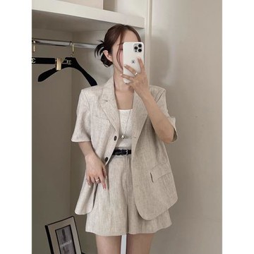 韓國chic夏季復古氣質單排扣薄款短袖西裝外套+休閑闊腿短褲套裝