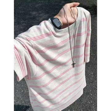 美式復古條紋撞色短袖男款夏季重磅圓領街頭風t恤寬鬆情侶七分袖男生必備短袖 休閒短袖日系 男生穿搭 韓系男裝 潮男穿搭 男