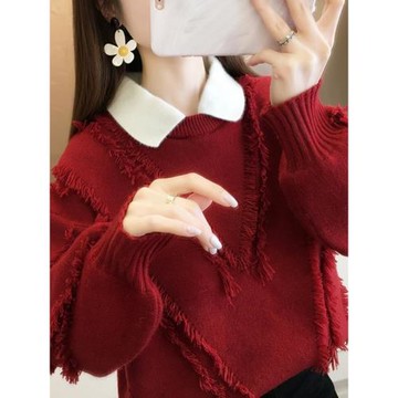 秋季2025年新款娃娃領假兩件上衣女士毛衣冬裝加厚爆款內搭新年潮