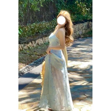 🔥大碼女孩必看🔥胖妹妹大碼度假風藍色碎花吊帶連衣裙套裝女夏季修身長袖防曬開衫