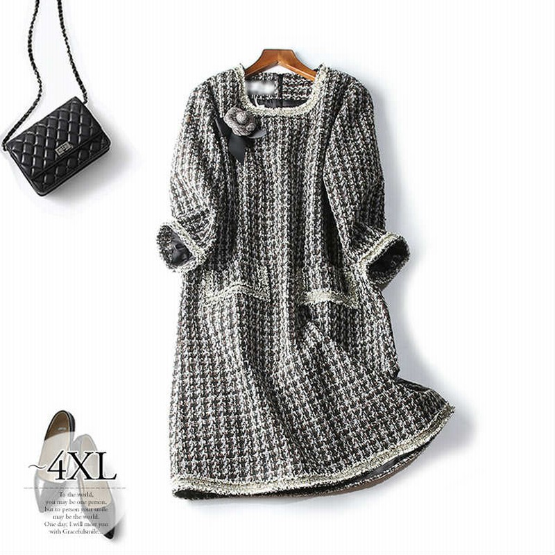 ワンピース 長袖 ツイード 丸襟 膝丈 フェミニン ガーリー デート 食事会 お呼ばれ ブラック ブラウン ホワイトエレガント 清楚 パーティースタイル ドライブ 食事会 女子会 シンプル リモート きれいめ お出かけ おしゃれ Cis06 3xl 1 Color 即納 通販 Line