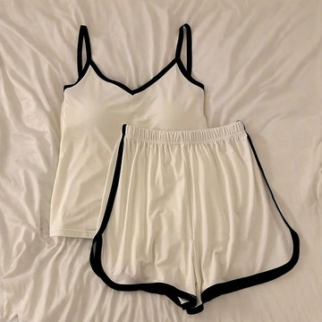 【胸墊睡衣】細肩帶睡衣 夏天睡衣 涼感冰絲睡衣夏季吊帶背心帶胸墊薄款套裝家居服冰絲家居服 冰絲睡裙 無袖睡衣 兩件式短袖