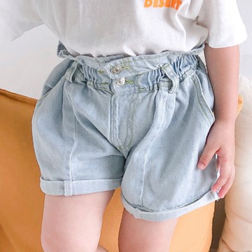 水洗淺白牛仔高腰花苞褲 短褲 牛仔褲 褲子 女童 兒童 橘魔法 童裝 現貨【BB7728】