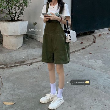 日系無印簡約吊帶褲復古寬鬆休閒百搭闊腿短褲/背帶褲/大碼胖mm五分褲子/連體褲短褲/寬鬆牛仔背帶褲女 V050