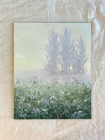 原創油畫 朦朧樹景 風景畫 霧氣瀰漫 草甸 8x10 硬紙板藝術品