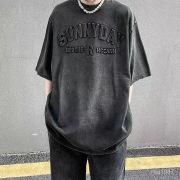 【熱銷爆款】純棉水洗做舊美式複古短袖圓領上衣男女夏季街頭潮牌情侶寬鬆T恤