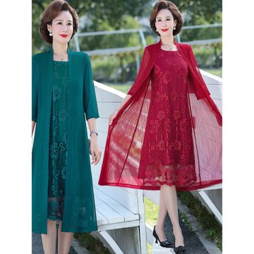媽媽裝中長款假兩件連衣裙七分袖中老年女夏季鏤空繡花喜婆婆禮服