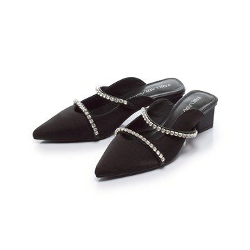 優雅小姐 時髦尖頭鑽帶低跟穆勒鞋 絲綢黑 (4A3074)