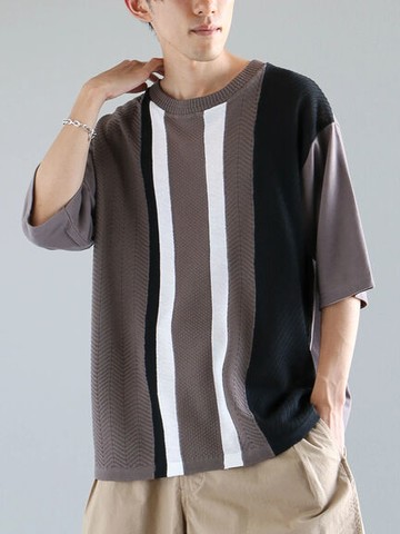 直條紋異素材拼接短袖針織上衣(PP42M2C0200) - CRAFT STANDARD BOUTIQUE