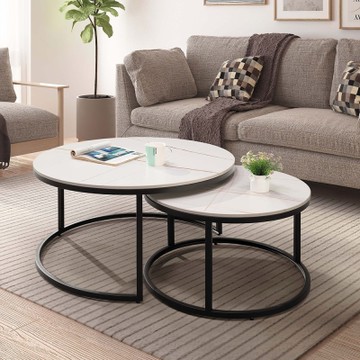 Boden-戴達圓形白色岩板茶几組合(2.7尺大圓几+2尺小圓邊几)-140x80x42cm