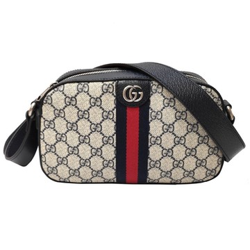 【GUCCI 古馳】681064 經典Ophidia系列 GG Supreme帆布印花藍紅藍織帶相機包斜背包(藍黑色)
