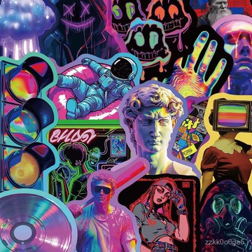 好價在🛒50張彩色邊賽博朋克風貼紙ins個性創意塗鴉手機手賬防水裝飾貼畵 CER4