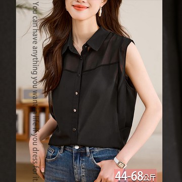 雪紡翻領排釦車線無袖拼接襯衫 M-2XL【543180X】【現+預】☆流行前線☆