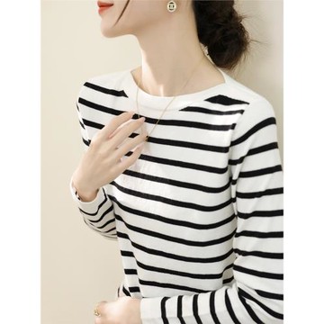 法式高級黑白條紋針織打底衫女春秋2025新品超好看長袖一字領毛衣