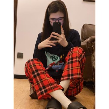 日系圓領蟹老板純棉格紋情侶卡通