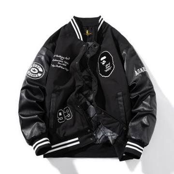 秋冬季pu皮袖拼接刺繡棒球服男飛行員夾克外套情侶潮牌加厚棉衣服