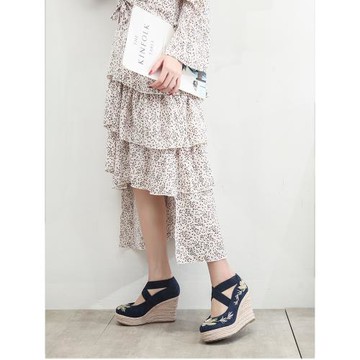 民族風坡跟單鞋女國風秋季新款淺口圓頭草編厚底防水臺時尚高跟鞋