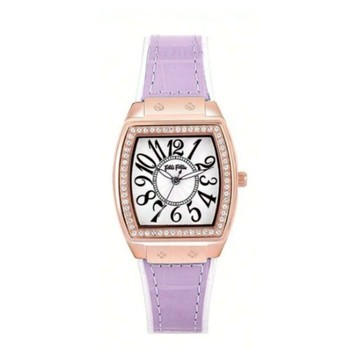 【Folli Follie】29毫米 清爽配色  精鑲水晶錶圈 鱷魚壓紋真皮腕錶(玫瑰金x紫白 FF230731)