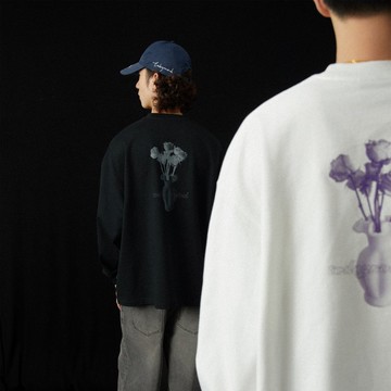 新疆長絨棉花瓶印花長袖T恤 寬松秋冬長TEE日系男女