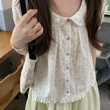 夏季碎花短袖襯衫  清新 透氣 百搭 彩色碎花娃娃短袖襯衫26夏季輕薄透氣百搭短袖減齡甜美舒服上衣0726