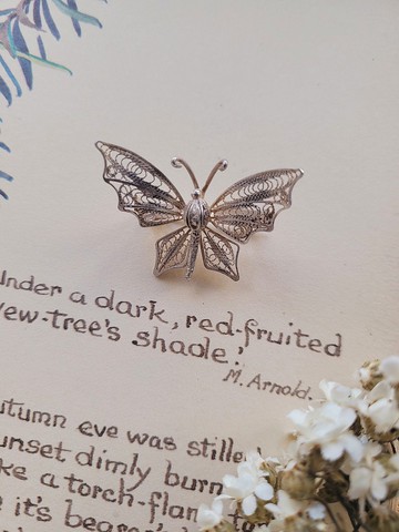 美國西洋古董飾品 / 義大利手工純銀掐絲纍絲立體蝴蝶胸針/別針
