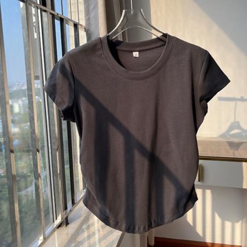 深灰色修身韓版通勤褶皺短袖T恤女夏新款顯瘦小眾設計感收腰上衣