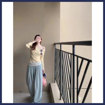 WYZ韓系露肩蕾絲拼接黃色長袖T恤女秋季甜辣風假兩件打底上衣