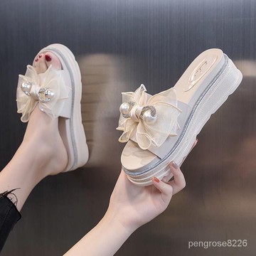 【優選精品】涼拖鞋女2022年新款夏季2021時尚外穿坡跟蝴蝶結平底厚底高跟鞋子ins日韓風 XRRF