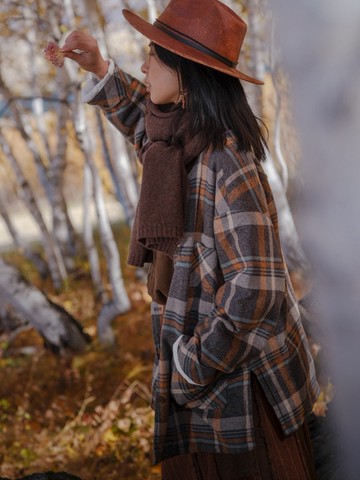 灰黃色 進口面料色織格圓領寬鬆百搭休閒外套 秋冬大衣