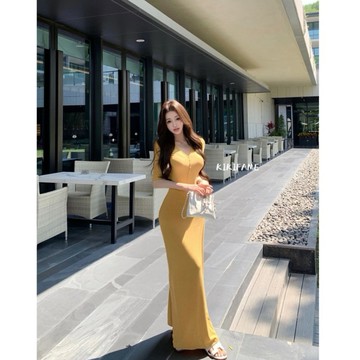 現貨🔗【KIKIFAME】💛三色 溫柔美人V領排扣五分袖長洋裝 合身洋裝 V領洋裝 連身裙 包臀洋裝 長裙 排扣洋裝