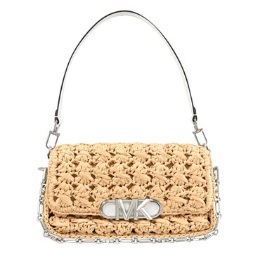 MICHAEL KORS PARKER 簡約草編雙背帶翻蓋式肩背包(卡其/白邊)