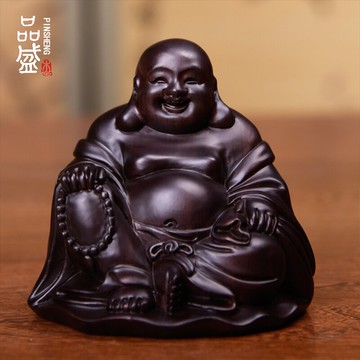 黑檀木雕彌勒佛像坐笑佛坐佛小大號實木雕刻紅工藝品擺設汽車擺件1入