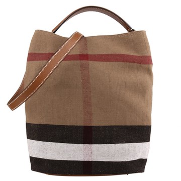 BURBERRY 巴寶莉    The Ashby棉麻格紋附拉鍊小袋兩用水桶包(深卡其x駝提把)