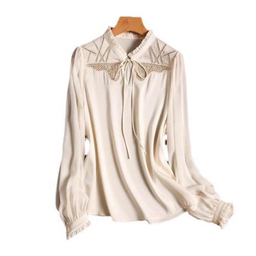 【巴黎精品】現貨+預購 T恤長袖上衣-木耳立領繫帶花紋女裝a1jf56