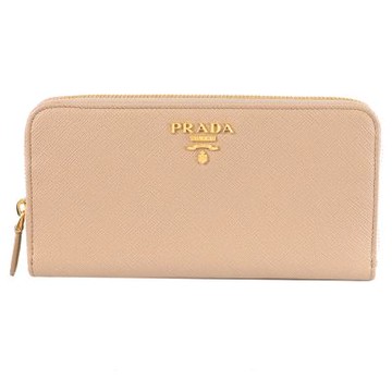 PRADA 經典浮雕LOGO防刮皮革ㄇ字拉鍊長夾(奶茶色)