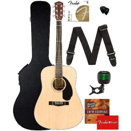 Fender CD-60S Solid Top Dreadnought Acoustic Guitar Natural Bundle with Hard Case, Tuner, Strap, Strings, Picks, Fender Play Online Lessons,並行輸入