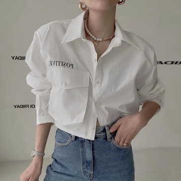 韓國chic秋季法式復古翻領字母印花設計寬松百搭長袖短款襯衫上衣