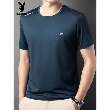 花花公子冰絲速干圓領短袖T恤男薄款上衣休閑寬松男士無痕體恤衫