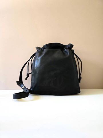 絕版古董包 Loewe 黑色中古抽繩包 單肩包 皮革包 斜背復古二手包