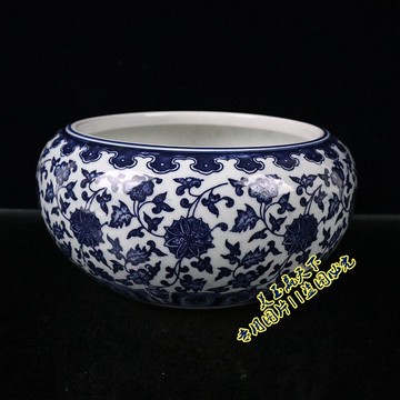 古玩陶瓷水罐筆洗景德鎮青花瓷纏枝蓮水洗缸毛筆書法國畫水淺水盂