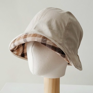 Babisoo Belson 基本款 格紋 後鬆緊帶 棉質 漁夫帽  米色  Free(約 56-58 cm)
