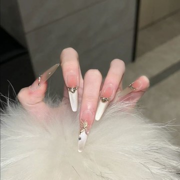 鎏金蝴蝶純手工輕奢鏡面絕美名媛富貴風貓眼穿戴甲粉色秋日顯白 指甲貼片 穿戴甲 手工穿戴甲 純手工穿戴甲 手工穿戴甲中長款