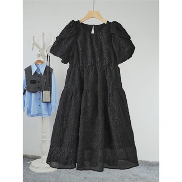 諾諾E站【町】2025春季新款 休閑圓領泡泡袖收腰顯瘦小黑裙 剪標