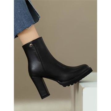 圓頭粗跟短靴女2025秋冬新款防水臺高跟側拉鏈加絨短筒時尚及裸靴