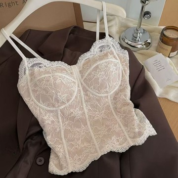 DUYI~夢詩 内衣女舒適法式蕾絲性感純欲背心女自帶胸墊內外搭修身顯瘦背心