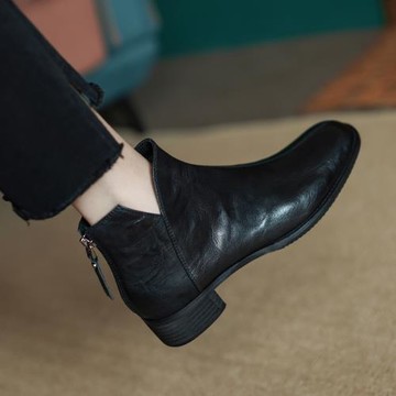 法式小短靴女2025新款春秋單靴黑色真皮粗跟瘦瘦靴復古低跟及踝靴